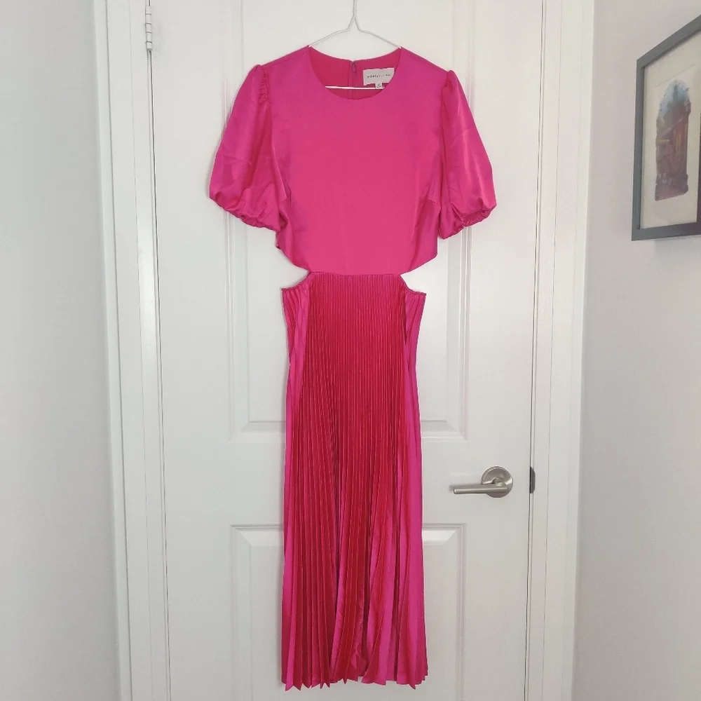 *Adelyn Rae Vibrant Pink Cutout Pleated Satin Dress Balloon Sleeve Size M - Picture 5 of 12
